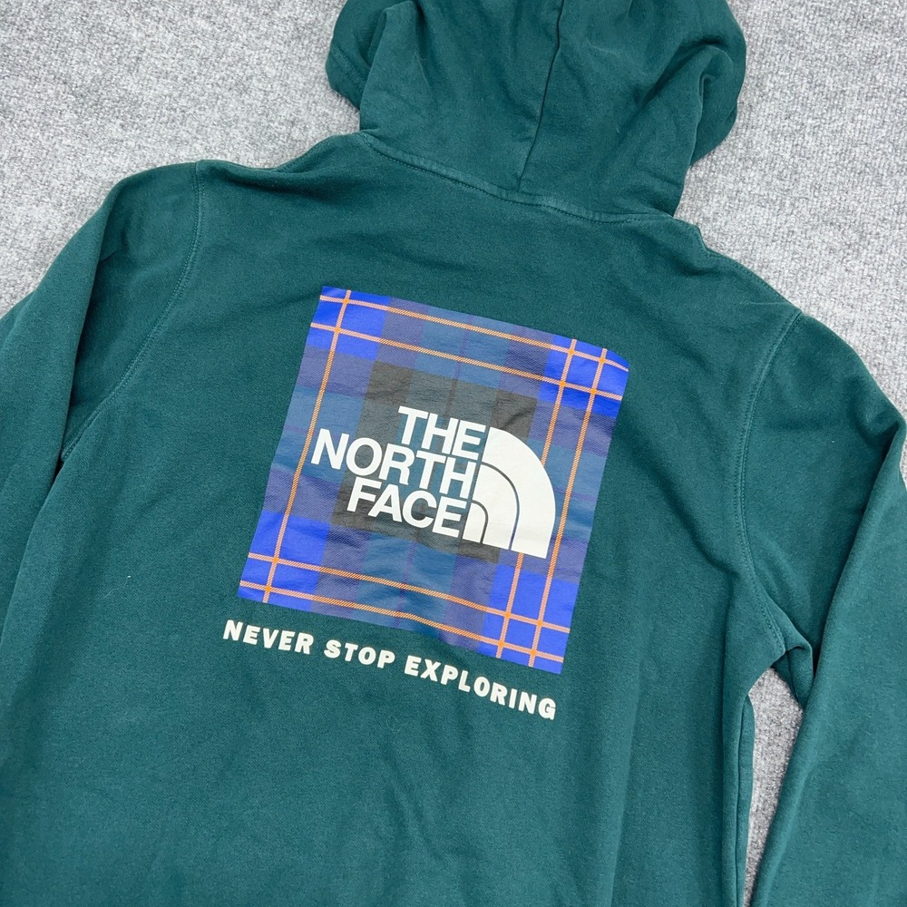 The North Face Hoodie Mens Medium Green Plaid Printed Box NSE Pockets Pullover